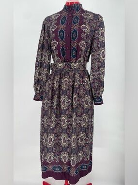 70s-80s Paisley Print Long-sleeve Prairie Belted Shirtwaist Prairie Dress